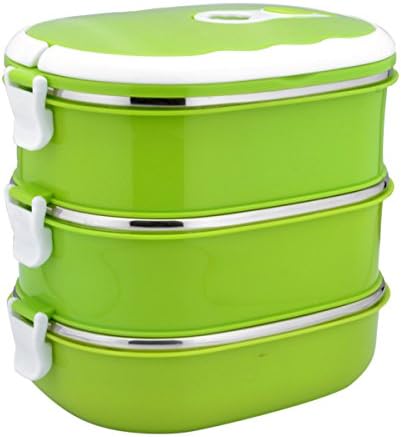 Adorrable Stainless Steel Lunch Box Bento Insulated Leak Resistant Thermal Nontoxic Food Containers, Green, 3 bowls