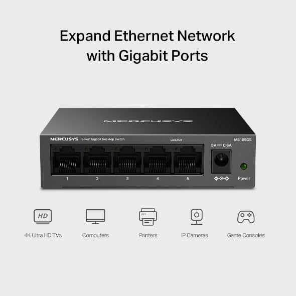 MS105GS-Switch 5G, 5 Puertos, Plug and Play, sin Ventilador, RJ45