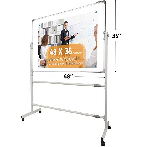 Mobile Whiteboard Magnetic White Board-48 x 36 inches, 360° Reversible Double Sided Dry Erase Board Easel Standing on Wheels With Aluminum Frame