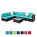 Peach Tree Outdoor Furniture Sectional Wicker Sofa Set 7 PCs Patio Rattan, All-Weather Washable Tiffany Blue Cushioned, w/Glass Coffee Table, Backyard, Pool