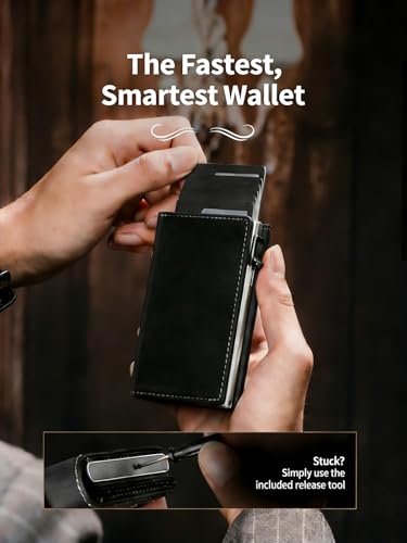 Men's RFID Blocking Anti-Theft Pop Up Wallet, Genuine Leather Slim Bifold Card Holder, Magnetic Closure, YKK Coin Pocket, ID Window, Holds 8-10 Cards or Bills, 5+ Coins (Black Grey Silver)