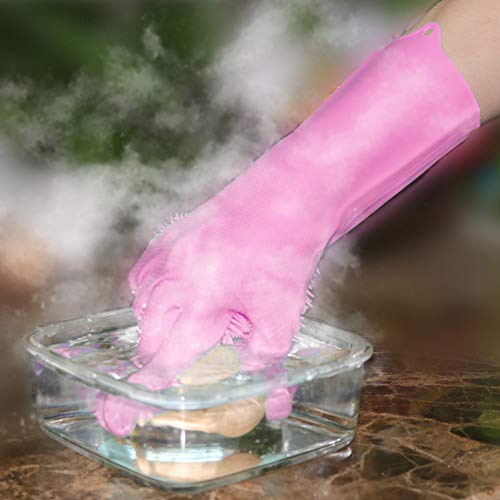 HOMCA Magic Silicone Gloves with Wash Scrubber, Magic Saksak Rubber Gloves Heat Resistant Reusable Silicone Gloves for Cleaning, Household, Dish Washing, Kitchen (13.6" Large,1 Pair,Pink)