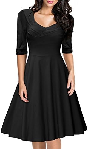 Leadingstar Women Vintage Solid Square Neck 1/2 Sleeve Waist Fitted Swing Dress Black Asia Size S