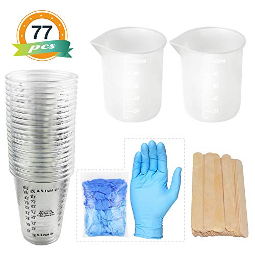 20pcs 10oz Epoxy Resin Mixing Plastic Graduated Cups 2pcs 100ml Reusable Silicone Measuring Cups with 50pcs Wood Mixing Sticks 5 Pairs Nitrile Gloves for Epoxy Resin, Paint etc …