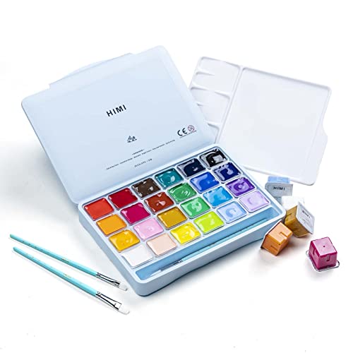 HIMI Gouache Paints set with 3 Paint Brushes, 24 Colors, 30g, Jelly Cup Design, Non Toxic Paint for Canvas and Paper, Art Supplies for Professionals (Ice Blue Case)