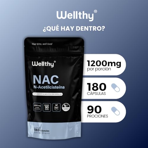 Wellthy NAC N-Acetilcisteína 180 Cápsulas. 1200mg por Porción, VCaps Cápsulas Veganas, Bottle Free.