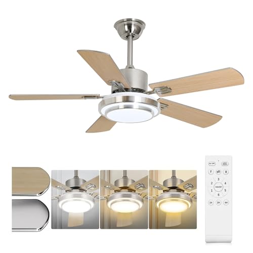 Ventilador de Techo con Luz LED 42" - Abanico de Techo Silencioso con Motor DC, 6 Velocidades, Aspas Reversibles (Madera/Plateado), Control Remoto, Ideal para Sala, Dormitorio u Oficina,5 aspas