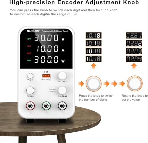 Bench adjustable power supply (30V/10A), DC switching power supply, encoder regulated laboratory power supply with USB fast charging interface.