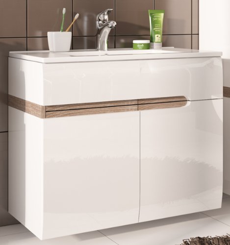 Waschtisch Hängeschrank mit Waschbecken 16757 weiß Hochglanz - eiche