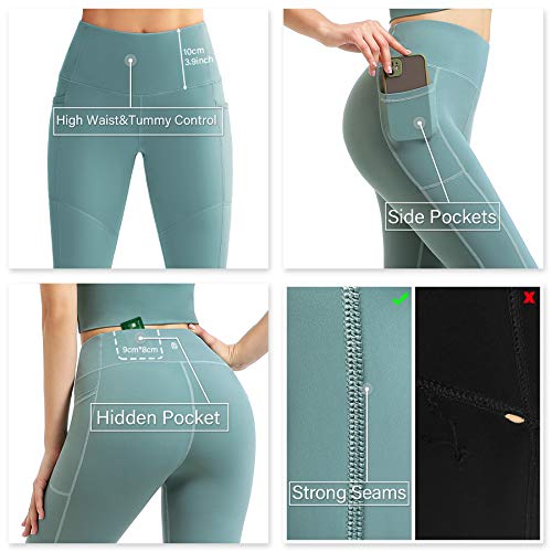 EUSIX High Waist Yoga Pants with Pockets for Women Tummy Control,Workout 4-Way Stretch Non See-Through Yoga Leggings Mint Green M