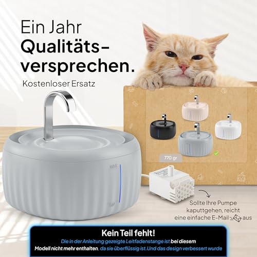 PrettyPaw Cat Fountain - Super Quiet, BPA-Free 3L Drinking Fountain for Cats with LED and Activated Carbon Filter - Easy to Clean Cat Drinking Fountain - Aqua Flow (Grey)