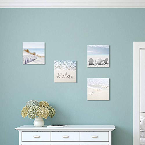 Coastal Artwork Beach Wall Art: Starfish & Chairs on Sand Painting with Word Picture on Canvas for Living Room (12” x 12…