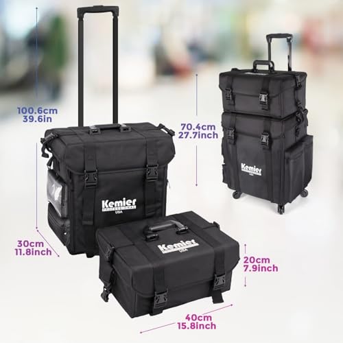 Kemier - 2 in 1 Omnidirectional Wheels Professional Soft Side Makeup Case Wheeled Makeup Case Cosmetic Organizer with Drawers,Black