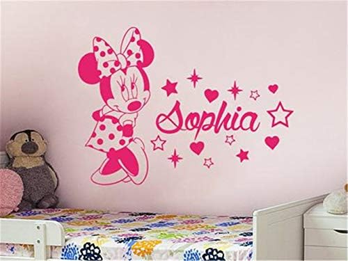 Oisiu Mickey Mouse Wall Sticker Decal Art Wall Mural Cute Minnie Mouse with Custom Personalized Baby Name Vinyl Wall Sticker for Baby