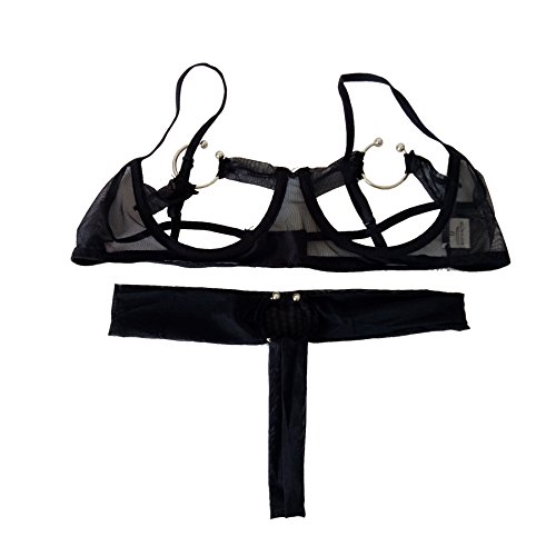 FORNY Women Open Cup Bodysuits Sexy Lace Lingerie Bikini Set 2 Pcs (Black)