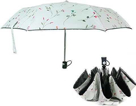 Automatic Umbrella Compact Travel Parasol Sunshade, Auto Open Close 3 Fold Anti-UV UPF 50 (Elegant flowers)