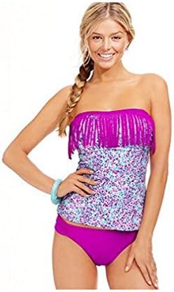Hula Honey Women's Fringe Leopard Printed Bandeau Tankini Top (M)