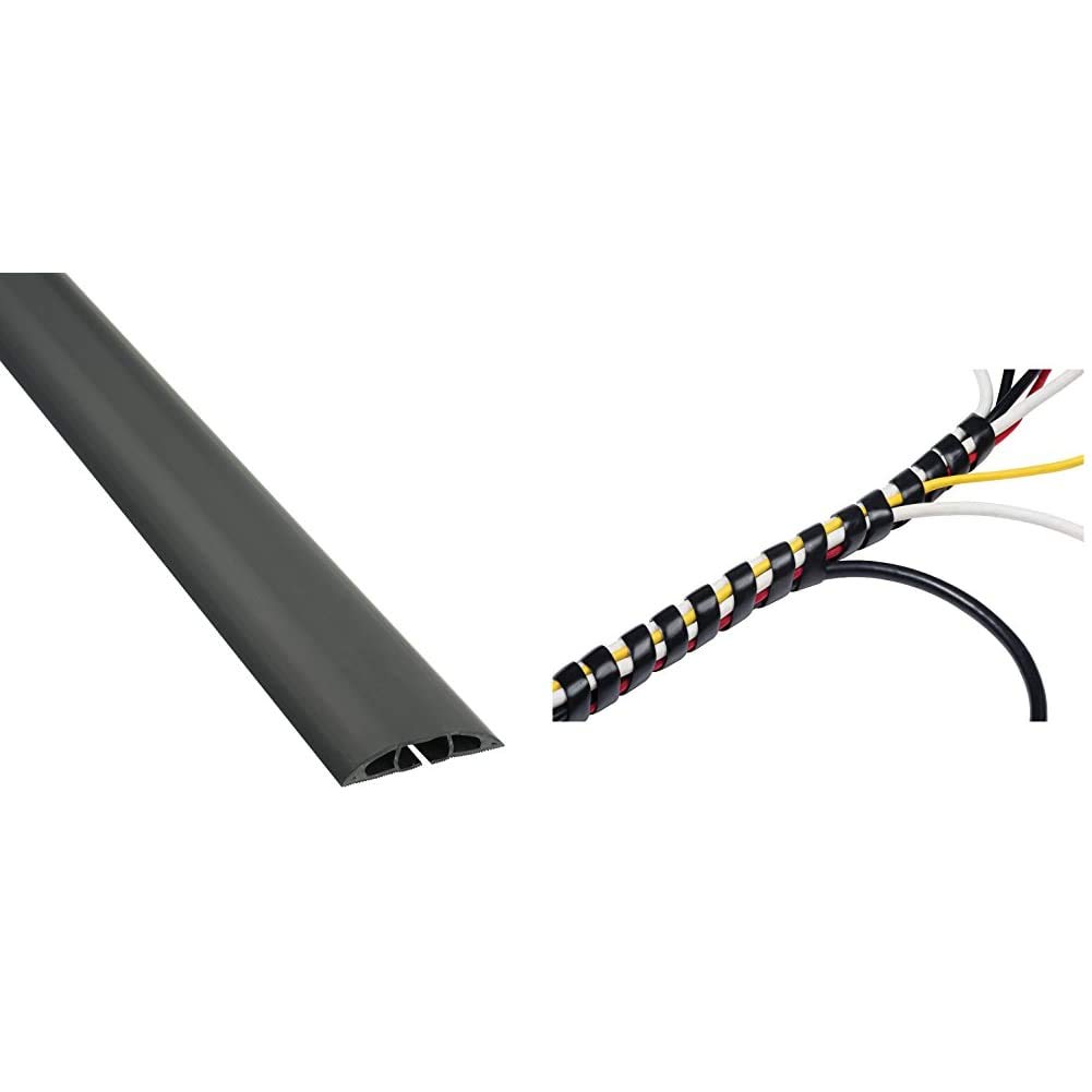 D-Line CC-1 Cable Protector, Floor Cord Channel, Wire Cover, Protect Cables & Prevent Trip Hazards - 1.8 Meter Length, Cavity 17mm (W) x 9mm (H) - Black & Cable Tidy Spiral Wrap, Black