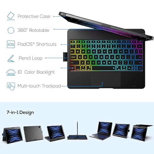 typecase Touch Keyboard Case for iPad Air 11"(M4/M3/M2, 2026/2025/2024) & Pro 11“, Air 5&4 - Multi-Touch Trackpad, 360° Rotatable, 11 Color Backlight, Thin & Light, Black