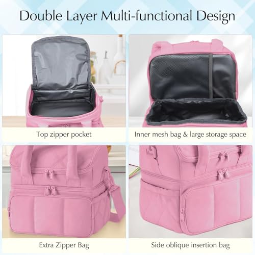 Insulated Lunch Bag for Men Women Kids, Large Reusable Double Layer Lunchbox Cooler Bag with Adjustable Strap, Leakproof Thermal Food Storage Tote for Work, School, Picnic, Travel - Pink