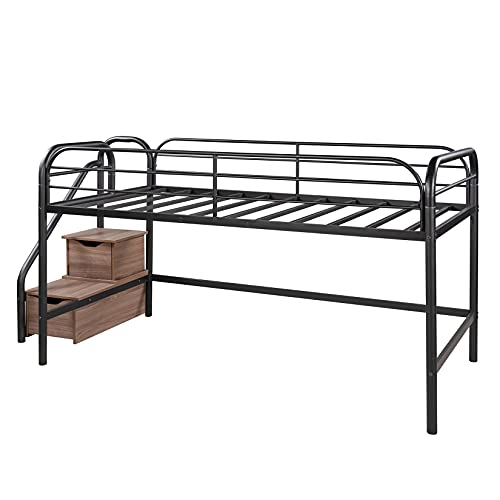 Storage Loft Bed, Metal Loft Bed Frame Low Loft Bed with Stairs for