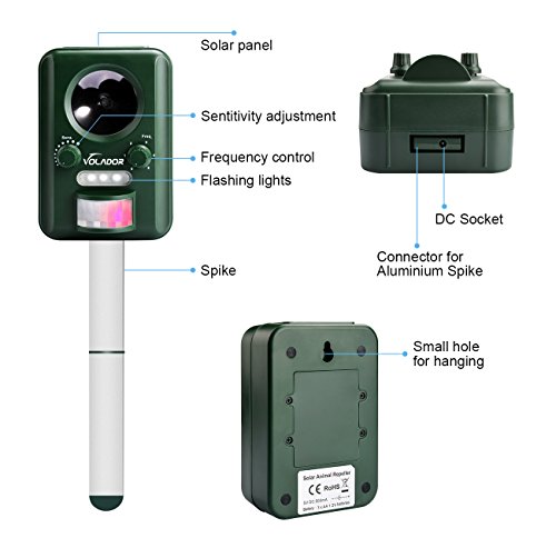 VOLADOR Motion Activated Ultrasonic Animal Repeller Wild Animal Deterrent Scare Away Dog, Cat, Squirrel, Rat, Vole, Raccoon, Fox, Rodent, etc