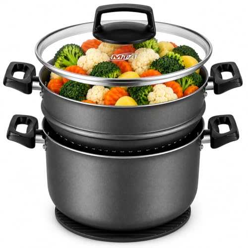 Cuscuzeira Antiaderente MTA Cristal 20cm 3,2L + Base de Silicone | Panela a Vapor para Legumes, Peixes, Vegetais e Cuscuz | Tampa de Vidro