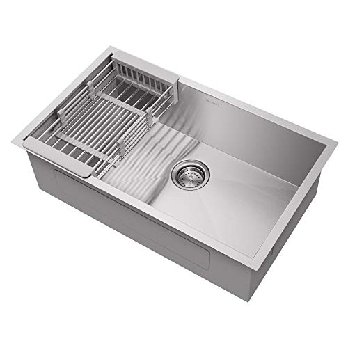 Miligore 30" x 18" x 9" Deep Single Bowl Undermount Zero Radius Stainless Steel Kitchen Sink - Includes Drain/Adjustable Dish Rack