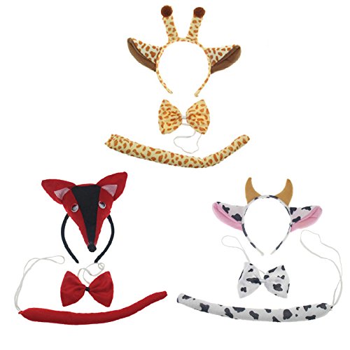 3PCS Child Adult Animal Fox Cow Ears Headband Tail Set Birthday Party Post Halloween Costume