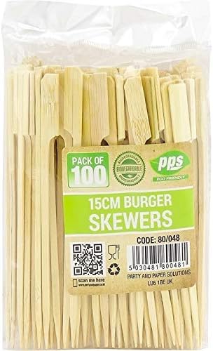 PPS ECO 100 x Wooden Flat Paddle Burger Skewers 15cm Bamboo Sticks