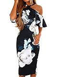 Murimia Womens Summer Cold Shoulder Strap Ruffle Floral Midi Dress