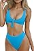 QINSEN Women Sexy Knotted Front Cropped Top Bikini Sets Thong Swimsuit Blue S