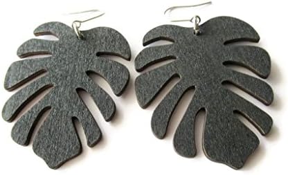Nature Inspired Large Lightweight Black Wooden Monstera Leaf Earrings for Women