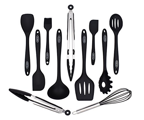 BOBZYXL Silicone Kitchen Utensils Set 11-Piece Cooking Tool And Gadget Set Baking Whisk Brush Spatulas (Black)