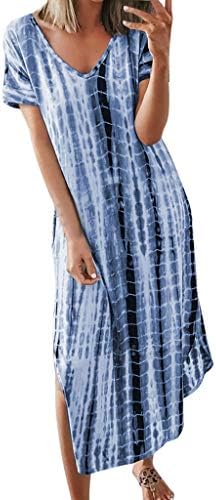 Women Split Shift Dress | Ladies Plus Size Fashion Dye V Neck Shorts Sleeve Maxi Dresses | Casual Comfy Outdoor Indoor Home Nightgowns Dress (XXXXL, Blue)