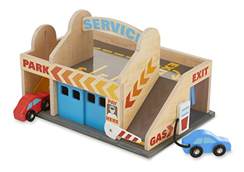 Melissa & Doug Service Station Parking Garage With 2 Wooden Cars and Drive-Thru Car Wash