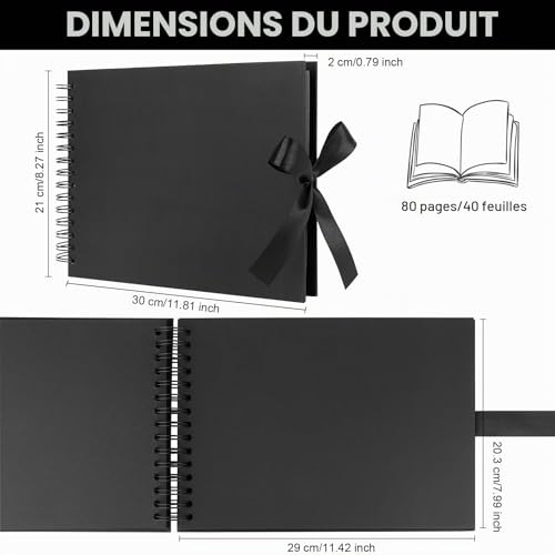A4 Scrapbook Photo Album with 80 Black Pages | DIY Scrapbook Keepsake Notebook with Ribbon for Photos of Baby Valentine's Day Birthday Travel Graduation