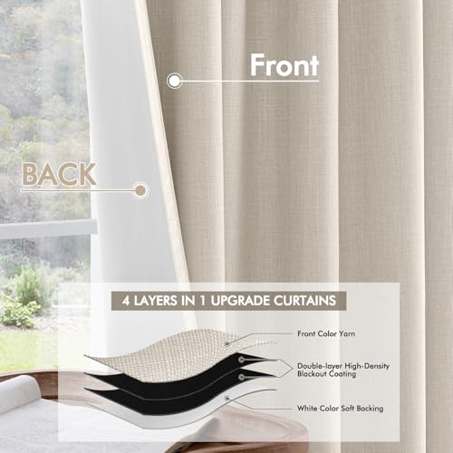 MIULEE 100% Blackout Curtains 96 Inch Long 2 Panels Set for Bedroom, Cream Thick Faux Linen Black Out Curtain Room Darkening Pleated Floor to Ceiling Window Drapes with Hooks for Living Room, Birch