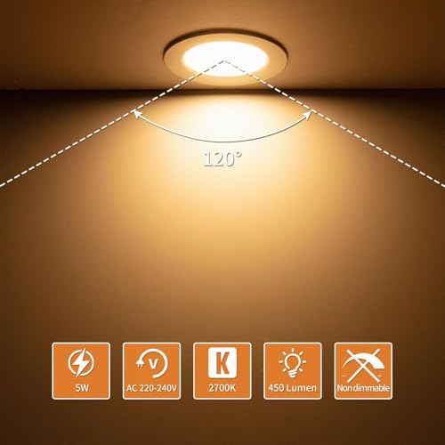 Tomosu Pack of 10 Extra Flat LED Recessed Spotlights, 5 W 450 LM Equivalent to 50 W Incandescence, IP44 Waterproof Bathroom Spotlight Warm White 2700 K, Hole Φ75-90 mm, AC220-240 V