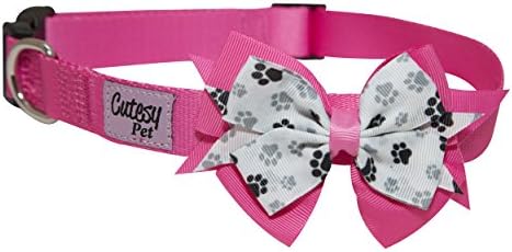 Cutesy Pet Dog Collar with Bow (Pink Paws, Medium)