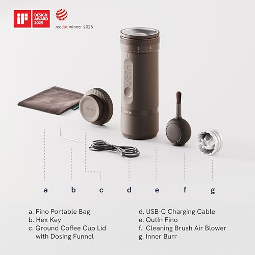 OutIn Fino Portable Electric Coffee Grinder,Adjustable Coffee Bean Grinder with 28 Precise Grind Setting,One-Button Burr Coffee Grinder with Fast‑Charge Battery, Auto‑Stop & Clog‑Protection,White