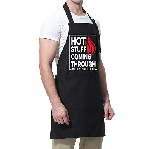 Hot Stuff Coming Through - Black Aprons for Men with 3 Pockets - Funny Birthday, Valentines Day Cooking Gifts for Men, Boyfriend, Him - Husband Valentine Gifts from Wife - Miracu Kitchen Chef Apron