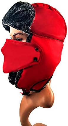 Winter Trooper Hat ，Water Resistant Hat with Detachable Facemask Mask ，Ear Flap Chin Strap with Windproof Mask (Red)