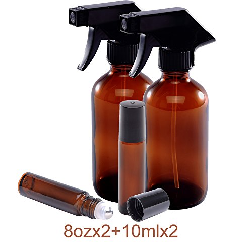 8oz and 10ml (2+2) Spray and Roller Bottle Set, Empty Refillable Amber Glass Bottles, Stainless Steel Roll On Balls, Mist & Streaming Sprayer, for EO, Kitchen, DIY Cleaning or Mosquito Repellent