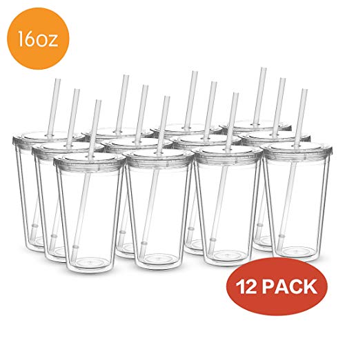 CIVAGO Clear Insulated Acrylic Plastic Tumbler Set with Lid and Reusable Straw, Classic Double