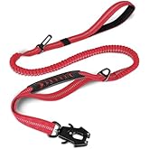 Joytale Tactical Dog Leash Heavy Duty, 4-6FT Shock Absorbing Bungee Lead with 2 Padded Handle, Metal Carabiner Clip, Car Seatbelt, Strong No Pull Leash for Medium Large X-Large Dogs, Red