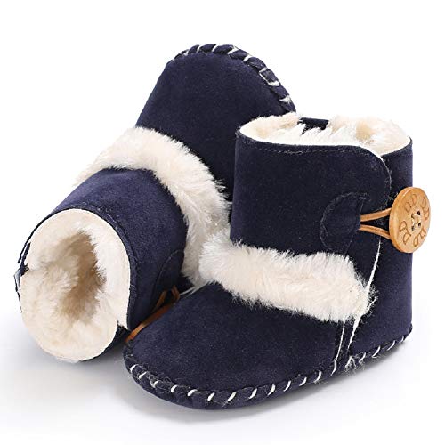 Fnnetiana Baby Winter Buttons Snow Boots Warm Shoes Anti-Skid Plush Ankle Booties Newborn Infant Crib Boots (6-12 Months, Navy Blue)
