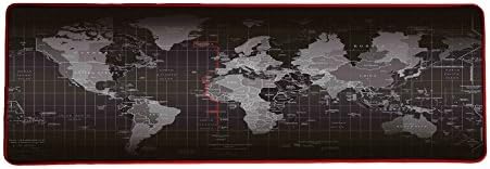 Woodlandu Extended Gaming Mouse Pad Printed with World Map Stitched Edges Speed Silky Smooth Surface Non-Slip Rubber Base Mats 300x900x3mm/11.8x35.4x0.12inch Red Edges