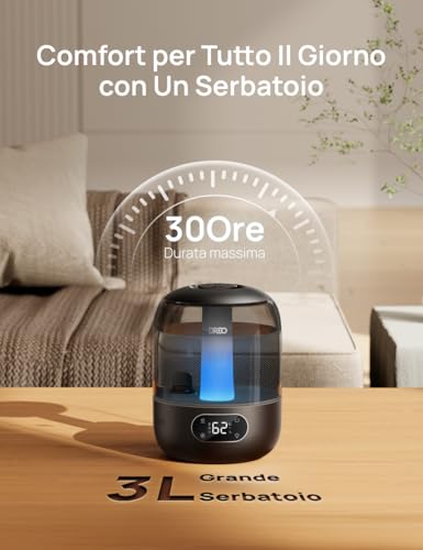 Dreo 3L Quiet Children's Environment Humidifier 26dB with Humidity Sensor, Ultrasonic Cool Mist, 360° Nozzle, 30h Autonomy, Essential Oil Diffuser, Ambient Light, for Home and Plants, Black