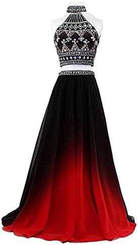 The Peachess Women's Two Piece Gradient Chiffon Long Prom Dress Ombre Beads Evening Dresses